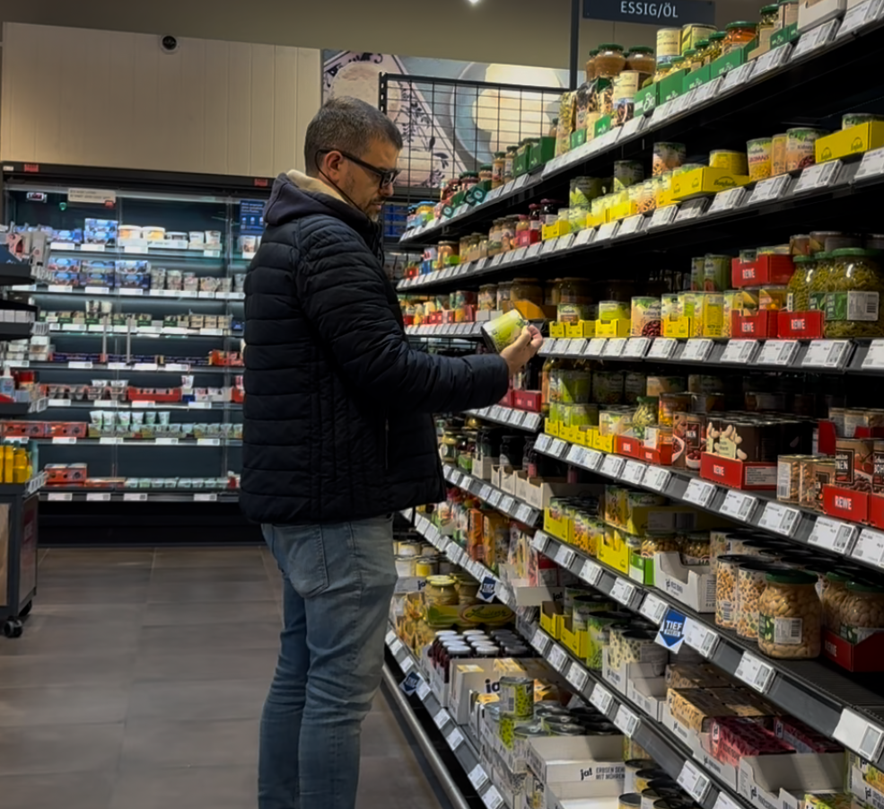 Participant examining products during a grocery field study